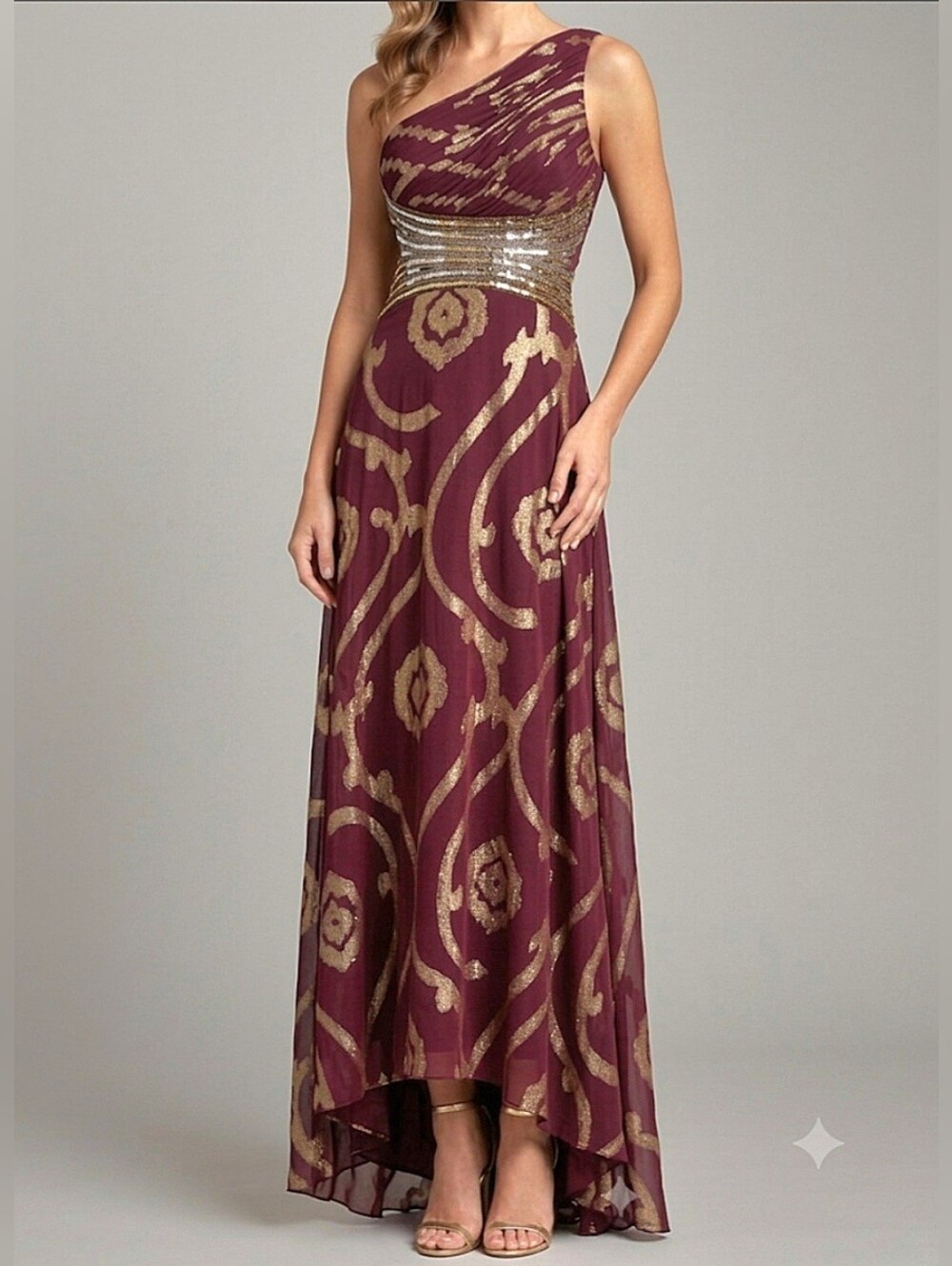 One-Shoulder High-Low Bodycon Maxi Burgundy Gold Evening Gown